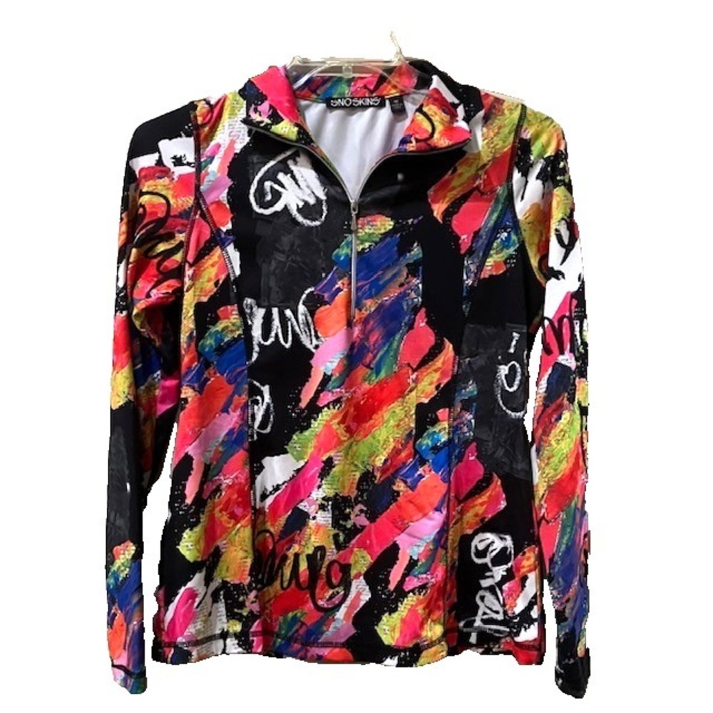 SNOSKINS Womens M Abstract Graffiti Paint Splatter Quarter Zip Top Multicolor
